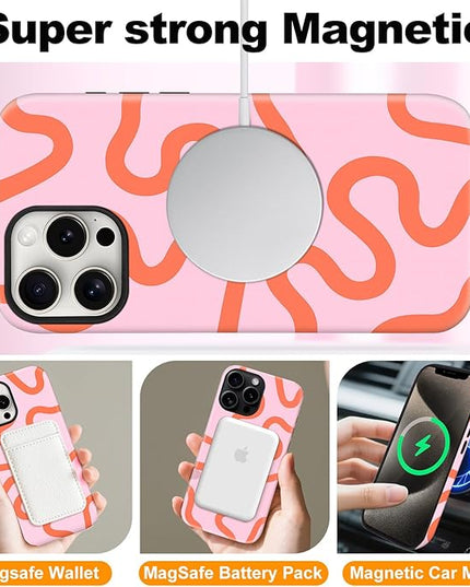 Magnetic for iPhone 13 Pro Case Cute Curved Stripes Phone Case, Shockproof Slim TPU and Hard PC Protective Phone Cover Compatible with MagSafe Designed for Women Girls,Pink