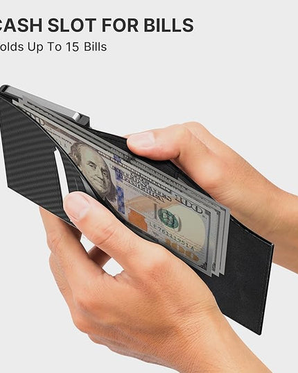 Mens Smart Wallet Card Holder for AirTag: Leather, Compatible with Apple Air Tag, RFID Blocking, Slim, Carbon Fiber, Minimalist - 9-14 Card Capacity | ID Window | Cash Slot (Black)