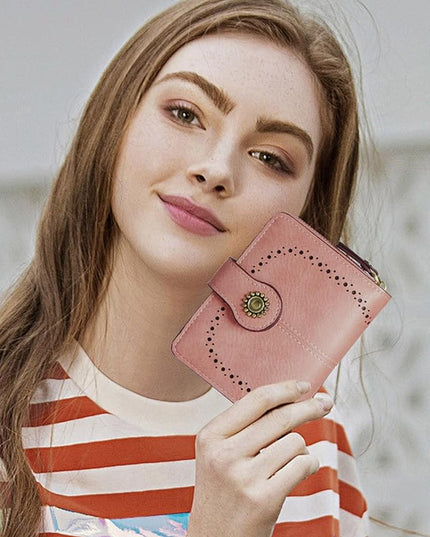 TFKGS Small Womens Wallet Leather RFID Blocking Bifold Compact Card Holder Ladies Zipper Accordion Pocket with ID Window Pink