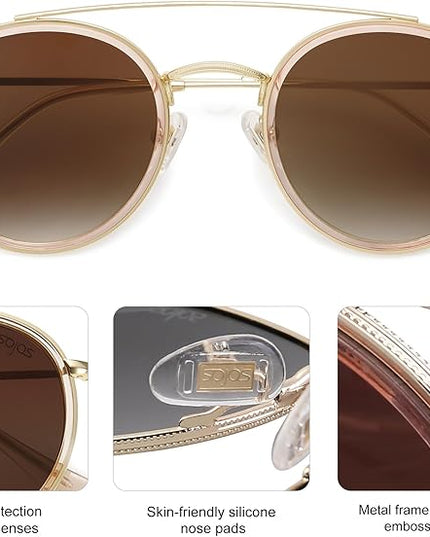SOJOS Retro Vintage Round Polarized Sunglasses for Women Men Small Double Bridge Circle Sunnies SJ1104