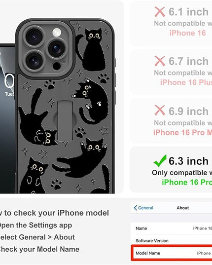 Cute Case for iPhone 16 Pro Case with Finger Loop Stand, Kawaii Black Cats Pattern Design for Women Girls Boys, Full Camera Protection Protective Phone Cover with Hand Strap Kickstand
