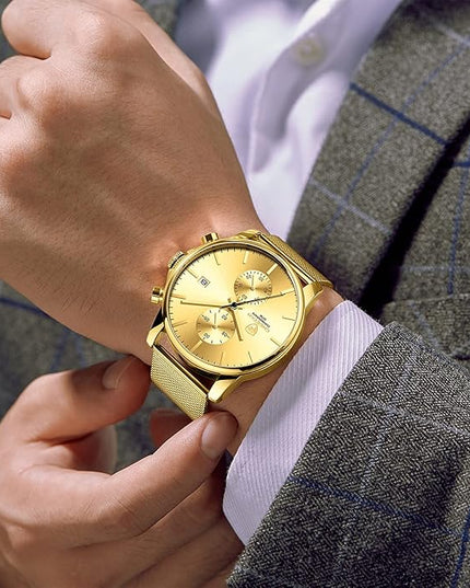 GOLDEN HOUR Mens Watch Fashion Sleek Minimalist Quartz Analog Mesh Stainless Steel Waterproof Chronograph Watches for Men with Auto Date
