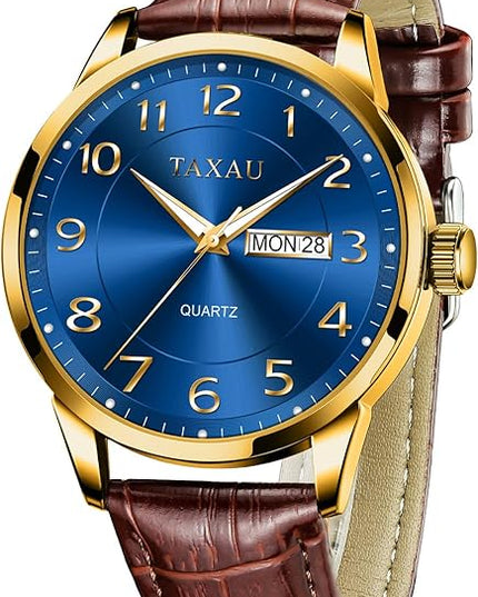 Mens Leather Watch Large Face Classic Quartz Mens Analog Watches Luxury Dress Watches for Men Waterproof Men's Wrist Watch Easy Read with Date Number Dial Relojes para Hombre