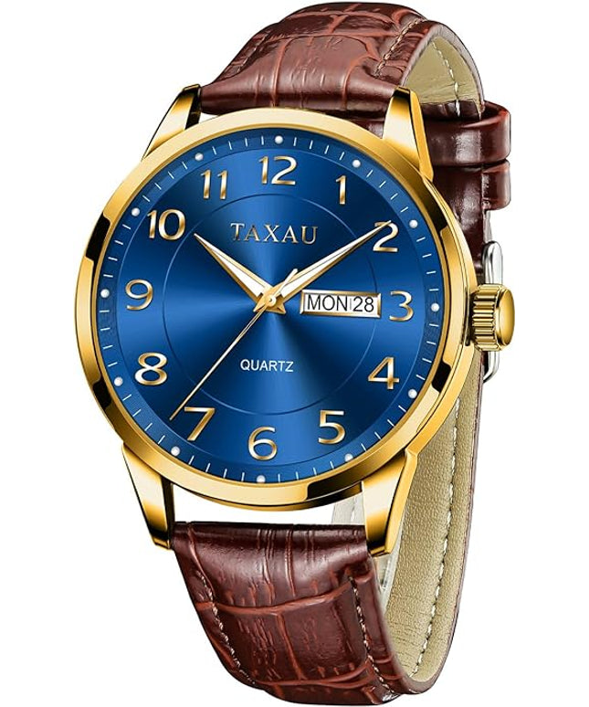 Mens Leather Watch Large Face Classic Quartz Mens Analog Watches Luxury Dress Watches for Men Waterproof Men's Wrist Watch Easy Read with Date Number Dial Relojes para Hombre