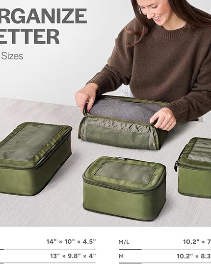 Aerotrunk Compression Packing Cubes for Travel - Luggage Organizer Bags - Double Zipper Packing Cubes for Suitcases (4-Pack, Olive)