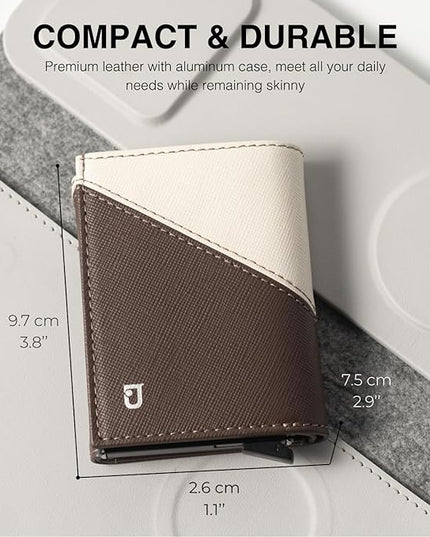 Jenoss Smart Wallet For Men: Full Grain Leather, Handcrafted, Slide Metal Pop Up Case, Slim RFID Blocking Credit Card Holder, Compact 12 Cards Slot Organizers, ID, Money Clip (Brown & Cream)