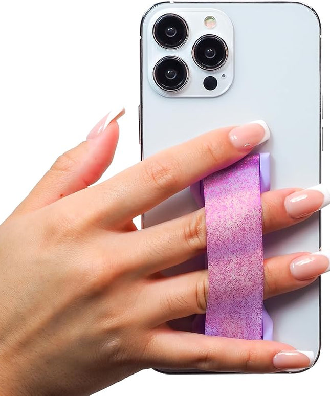LOVEHANDLE PRO Premium Phone Grip - Silicone Phone Strap - Magnetic Phone Mount and Kickstand for Smartphone and Tablet - Amethyst Glitter Silicone