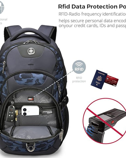 Swissdigital Design Laptop Backpack with USB Charging Port, Travel Backpack Fits 15.6 inches Computer, 31L College School Backpack for Men, Blue Camo | SD803-92