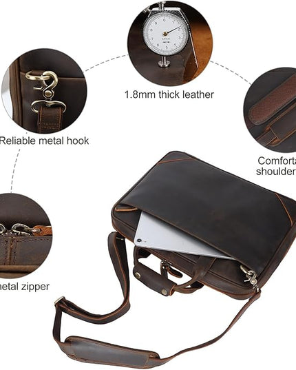 Leather Slim Briefcase for Men 15.6" Laptop Crossbody Messenger Bag Business Work Lawyer Attache Case