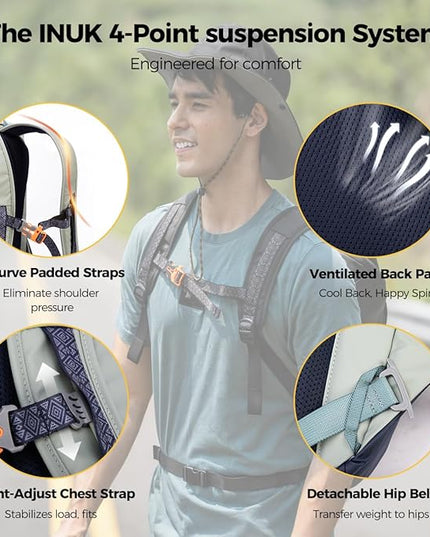 INUK Laptop Backpack for College Students & Work, 25L Lightweight Waterproof Backpack for Business Travel, Hiking Daypack with Padded Sleeve and Safety Whistle, Made from Recycled Materials，Green