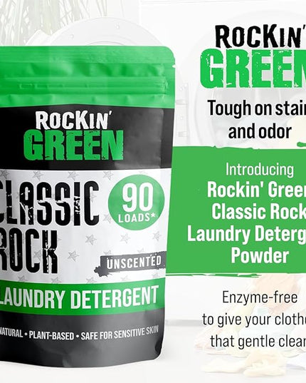 Rockin' Green Classic Rock Laundry Detergent Powder (90 Loads) - All Natural Laundry Detergent - Sensitive Skin Laundry Powder (Unscented)
