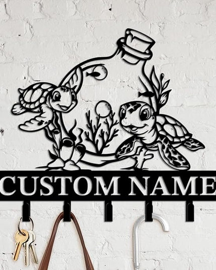 Casebrick Custom Sea Turtle Metal Wall Hooks,Key Holder-Personalized Iron Wall Decor for Keys, Coats & Home Organization (Black, Handmade,Decorative for Entryway, Beach,Bedroom,Office) (Style F)