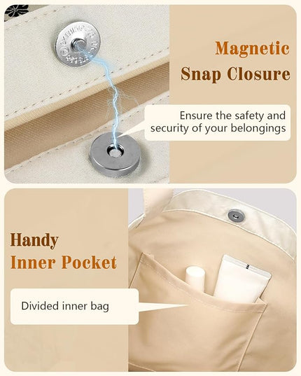 Aesthetic Cotton Tote Bag for Women - Reusable Shoulder Bag with Buckle Fabric Bag for Gym, Travel, Work
