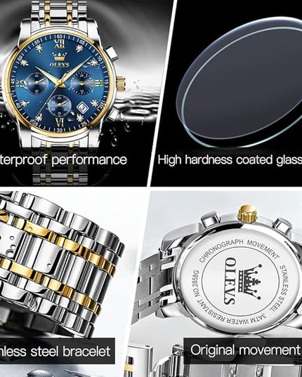 OLEVS Men's Luxury Watch Waterproof Luminous Easy Read Chronograph Watches Full Gold/White Dail/Black Face with Calendar Wristwatch