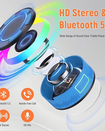 Shower Bluetooth Speaker IPX7 Waterproof, Portable Bluetooth Speakers with Suction Cup and Time Display, Crystal Sound&Bass LED Light 1100mAh, Wireless Shower Speaker for Outdoor/Kayak Dark Blue