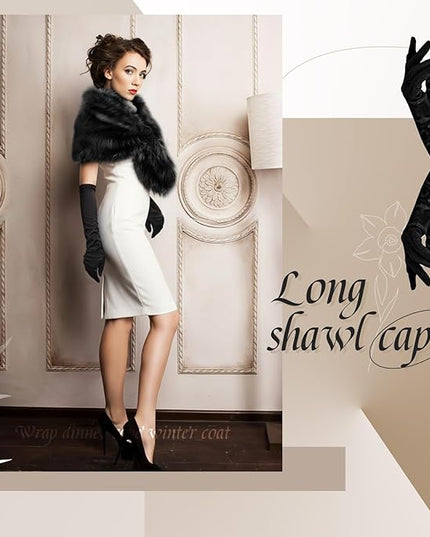 Zhanmai 2 Pcs Winter Long Shawl Cloak Stretchy Glove Opera Bridal Dance Gloves for Women Dress Party Coat