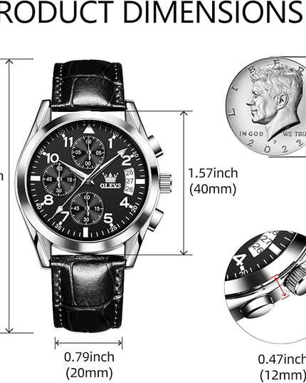 OLEVS Leather Chronograph Watch Men - Leather Strap (Brown/Black), Work Luminous Waterproof Analog Quartz Dress Wrist Watch with Blue/Black/Brown/White Dial