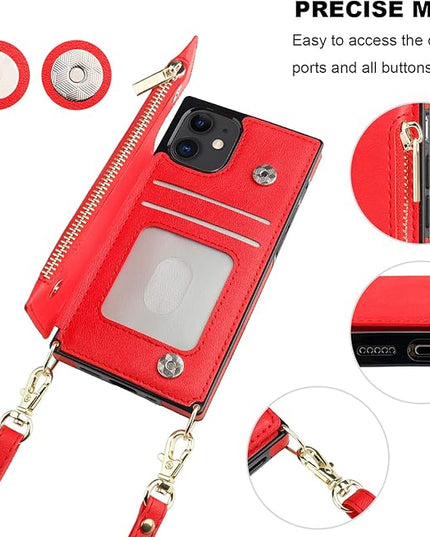 Bocasal Crossbody Wallet Case for iPhone 12/12 Pro with Card Holder,Zipper Card Slot Protector Shockproof Purse Cover with Removable Cross Body Strap 6.1 Inch(Red)