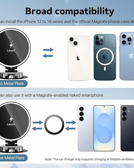 Lecork for Magsafe Car Mount Charger, 15W Magnetic Wireles Car Charger for iPhone 12 13 14 15 16 Series, Stick On Dashboard Phone Holder Mount for Samsung S25 Series, Zinc Alloy Shell, Black