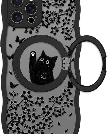 Wavy Case for iPhone 12 Pro Max Case with Stand [Compatible with MagSafe] Cute Black Cat & Floral & Butterflies Pattern Design, Kawaii 360 Magnetic Ring Kickstand Phone Cover for Women Girls