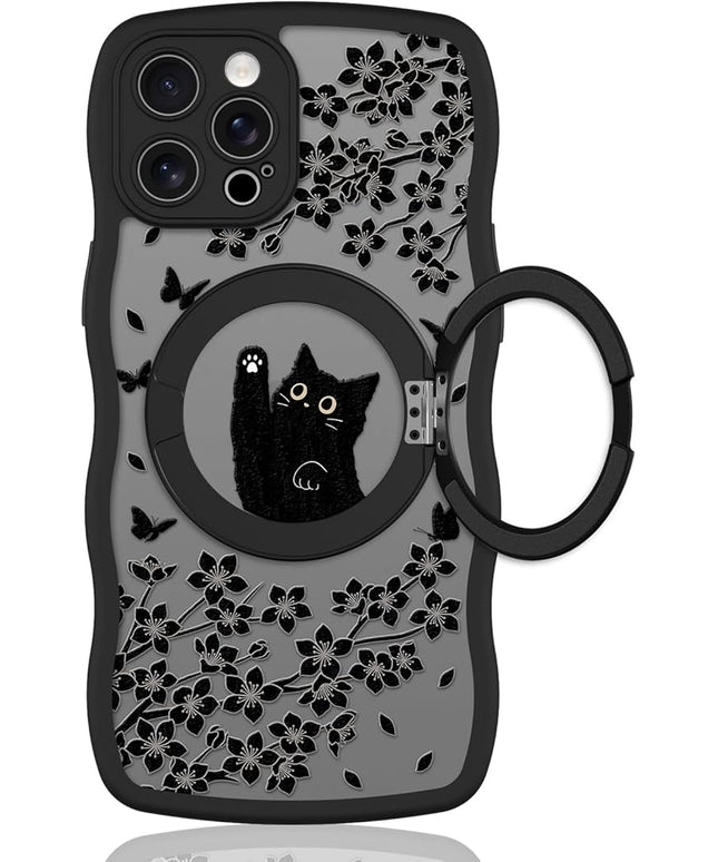 Wavy Case for iPhone 12 Pro Max Case with Stand [Compatible with MagSafe] Cute Black Cat & Floral & Butterflies Pattern Design, Kawaii 360 Magnetic Ring Kickstand Phone Cover for Women Girls