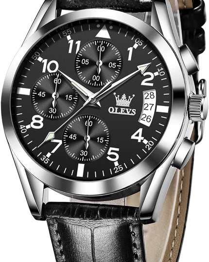OLEVS Men's Chronograph Leather Watch, Big Face Easy to Read Analog Quartz Dress Watch, Casual Waterproof Luminous Hands Date Watches for Men, White/Blue/Black/Gold Dial