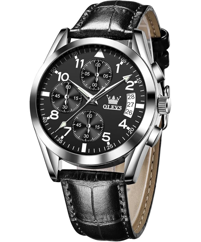 OLEVS Men's Chronograph Leather Watch, Big Face Easy to Read Analog Quartz Dress Watch, Casual Waterproof Luminous Hands Date Watches for Men, White/Blue/Black/Gold Dial