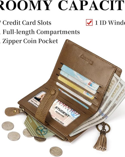 Blucoay Leather Wallet Women,RFID Blocking Small Wallet for Women Compact Card Holder Bifold Tassel Wallet Coin Purse With ID Window light khaki