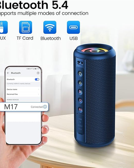 Portable Bluetooth Speaker, 2026 Bluetooth 5.4 Wireless Speaker with 20W HD Loud Stereo Sound, 20H Playtime, LED Lights, IP7, TWS Pairing, Built-in Mic, for Outdoor, Home, Beach, Party, Gift, Blue