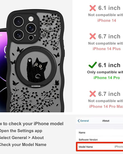 Wavy Case for iPhone 14 Pro Case with Stand [Compatible with MagSafe] Cute Black Cat & Floral & Butterflies Pattern Design, Kawaii 360 Magnetic Ring Kickstand Phone Cover for Women Girls