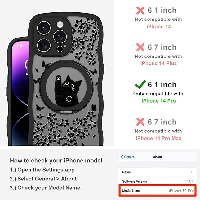 Wavy Case for iPhone 14 Pro Case with Stand [Compatible with MagSafe] Cute Black Cat & Floral & Butterflies Pattern Design, Kawaii 360 Magnetic Ring Kickstand Phone Cover for Women Girls