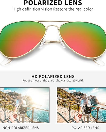 livho Sunglasses for Men Women Aviator Polarized Metal Mirror UV 400 Lens Protection (Gold Green/Orange)