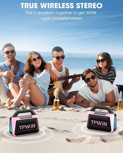 Wireless Bluetooth Speakers - Portable Speaker 80W Peak, 20H Playtime, Light Shows, Loud Speaker with Strong Bass, BT 5.3, TWS, IPX6 Waterproof for Home Travel Outdoor Beach Camping - Pink
