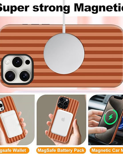 Magnetic for iPhone 16 Pro Max Case Cute Stripes Phone Case, Shockproof Slim TPU and Hard PC Protective Phone Cover Compatible with MagSafe Designed for Women Girls, Deep Brown