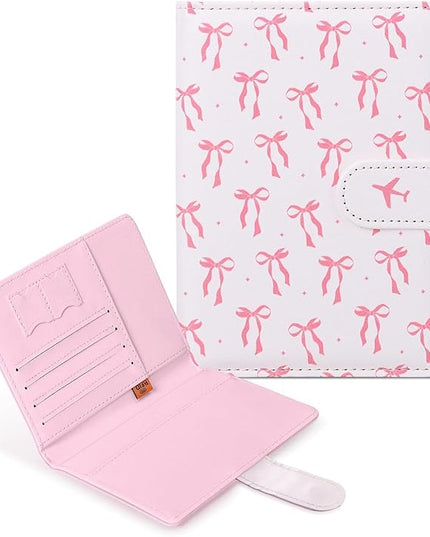 COSHAYSOO Personalized RFID Passport Holder for Travel Women Passports Cover Case Air Essentials Airplane Flight Accessories Airline Plane Flying Must Haves Christmas Gifts Teen Girls Pink Bow Knot