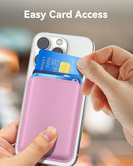 Magnetic Wallet Cell Phone Card Holder for Phone Case with Mag-Safe, Stronger Magnetic RFID Leather Phone Wallet Stick on Series of iPhone 17/16/15/14/13/12 and Pro/Promax, Pink