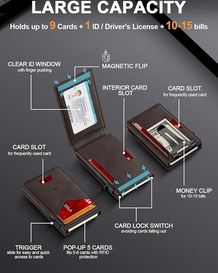 Ruiici Wallet for Men, Slim Minimalist Wallet with Money Clip＆ID Window, RFID Blocking Pop-Up Credit Card Holder, Smart Auminum Mens Wallet Holds 9-13 Cards (Gift Box) (Coffee Brown)