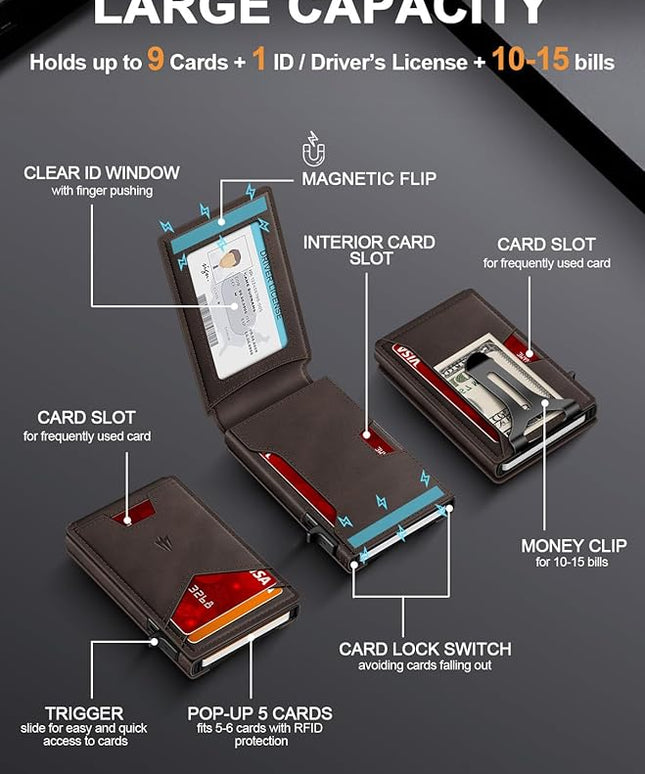 Ruiici Wallet for Men, Slim Minimalist Wallet with Money Clip＆ID Window, RFID Blocking Pop-Up Credit Card Holder, Smart Auminum Mens Wallet Holds 9-13 Cards (Gift Box) (Coffee Brown)