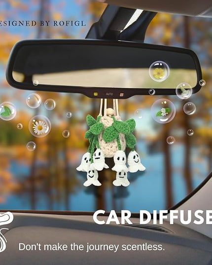 Handmade Crochet Hanging Car Air Freshener - Glow-in-the-Dark Lily of the Valley Plant with 12ml Refillable Essential Oil Diffuser Bottle, Halloween Car Accessories & Bedroom Nightlight Decor