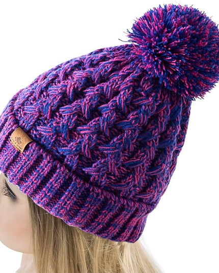 PAGE ONE Womens Winter Ribbed Beanie Crossed Cap Chunky Cable Knit Pompom Soft Warm Hat