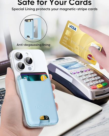 TopMade Phone Card Holder, Premium Leather Phone Wallet Stick on, Stronger 3M Adhesive Credit Card Holder for Back of Phone Case, iPhone, Samsung, and Android, RFID Blocking, Fit 4 Cards, Sky Blue