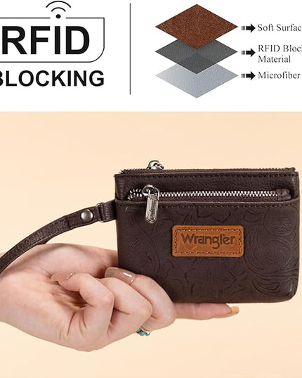 Montana West Wrangler Coin Purse for Women RFID-blocking Floral Embossed Change Pouch Wristlet Wallet Lightweight Portable Wallets Coffee
