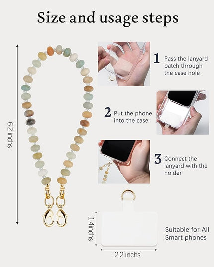 Natural Stone Beaded Phone Wrist Strap for Women – Detachable Chain Wristlet, Durable 304 Stainless Steel Core (Amazonite)