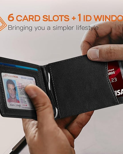 RUNBOX Slim Wallet for Men Genuine Leather RFID Blocking Bifold Minimalist Front Pocket Mens Wallet with Money Clip Thin Gift Box