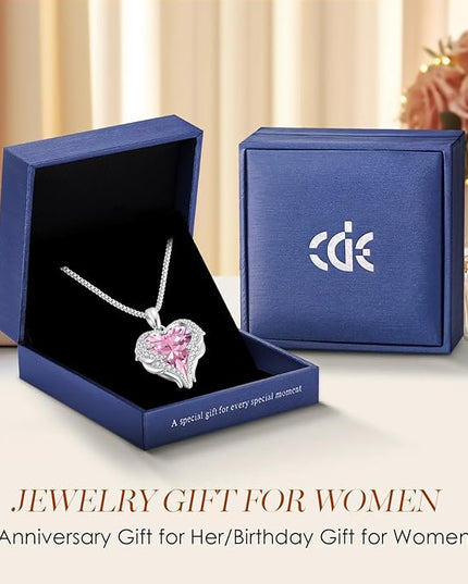 CDE Christmas Gifts for Women Angel Wings Necklace for Women with Birthstone, Love Heart Silver Tone/Gold Tone Pendant, Ideal Anniversary or Birthday Jewelry Gifts for Wife Girlfriend Her