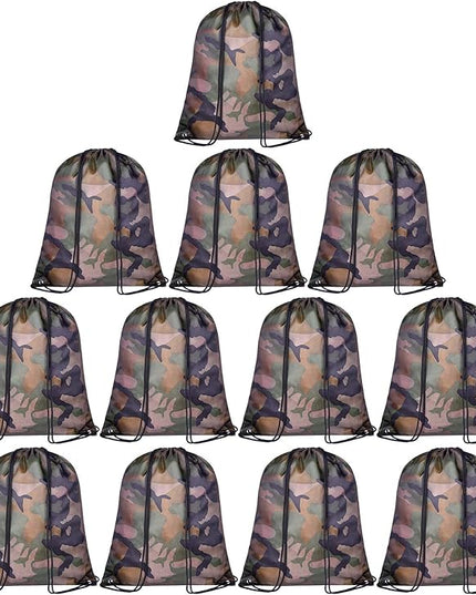KUUQA 12 Pack Camouflage Drawstring Backpack Bulk String Backpack Cinch Kids Sport Bags Storage Bags for Gym Traveling (Camouflage)