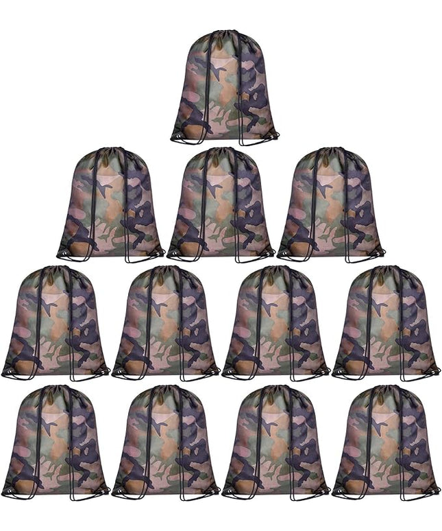 KUUQA 12 Pack Camouflage Drawstring Backpack Bulk String Backpack Cinch Kids Sport Bags Storage Bags for Gym Traveling (Camouflage)