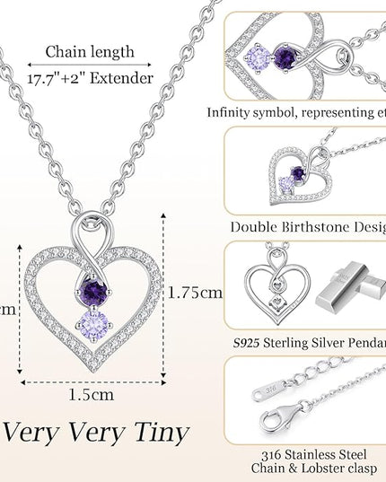 LOUISA SECRET Infinity Double Birthstone Necklace, 925 Sterling Silver Tiny Pendant Heart Necklace for Women Wife Her, Best Jewelry Gift Heart Jewelry Meaningful Gift for Valentine's Day, Christmas, Birthday Anniversary