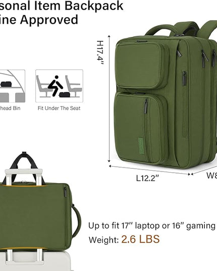 Hanke Convertible Laptop Bag, 3 In 1 Briefcase Backpack 17.3 Inch Computer Bag for Men Women, Travel Laptop Briefcase Messenger Bag, Underseat Carry On Personal Item, Pine Green