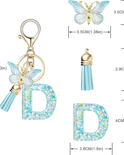 Fashion Alphabet Initial Letter Keychain Tassel Butterfly Pendant Key Ring for Purse Handbags Women Girl
